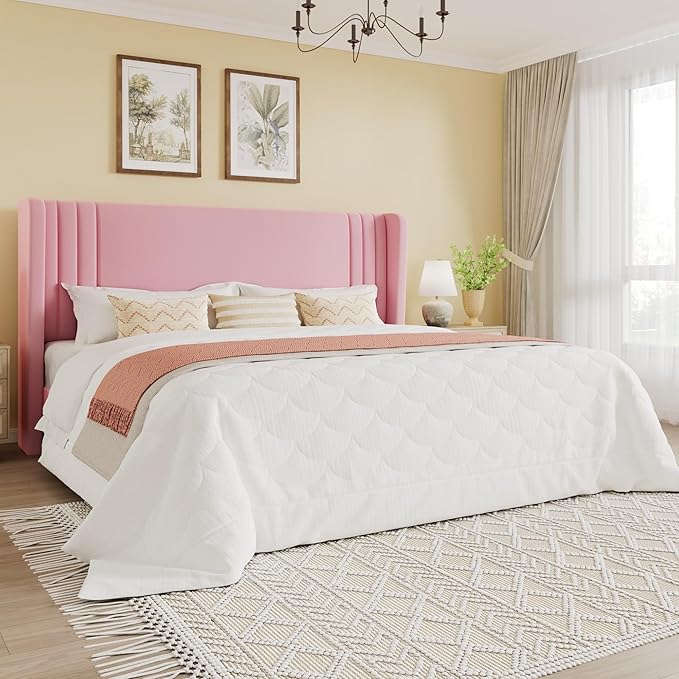 SHA CERLIN King Size Velvet Upholstered Platform Bed Frame by SHACERLIN