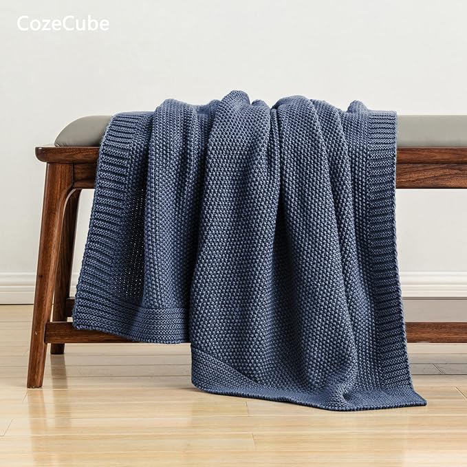 CozeCube Blue Throw Blanket for Couch, Soft Cozy Cable Knit Throw for Bed Sofa - Image 4