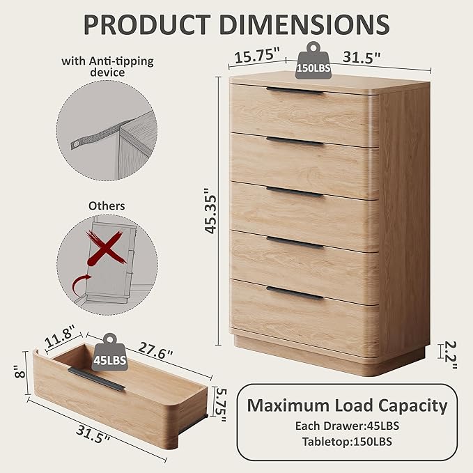 5 Drawer Dresser for Bedroom, Curved Profile Design, Wooden Closet - Image 2