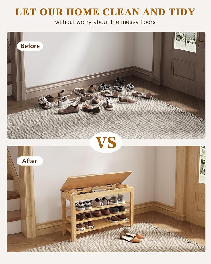 Shoe Rack Bench Seat Rubberwood 3-Tier Wooden Storage Bench 550lbs Compact - Image 7