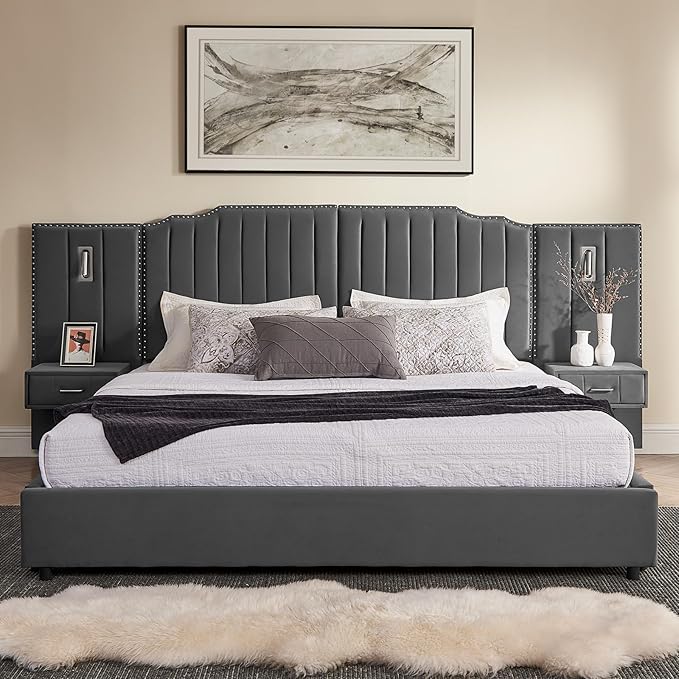 King Size Bed Frame with Storage, Luxury King Platform Bed Frame with Headboard - Image 3