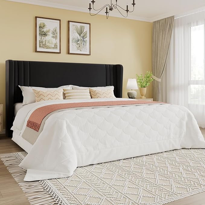 SHA CERLIN King Size Velvet Upholstered Platform Bed Frame by SHACERLIN