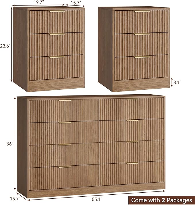 8 Drawer Dresser & 3 Drawer Nightstand Set 3-Piece, Tall Fluted Dresser and - Image 2