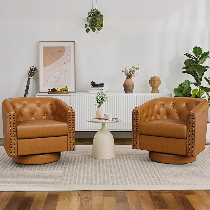 Swivel Barrel Accent Chair, Round Nailhead Faux Leather Living Room Arm Chairs - Image 8