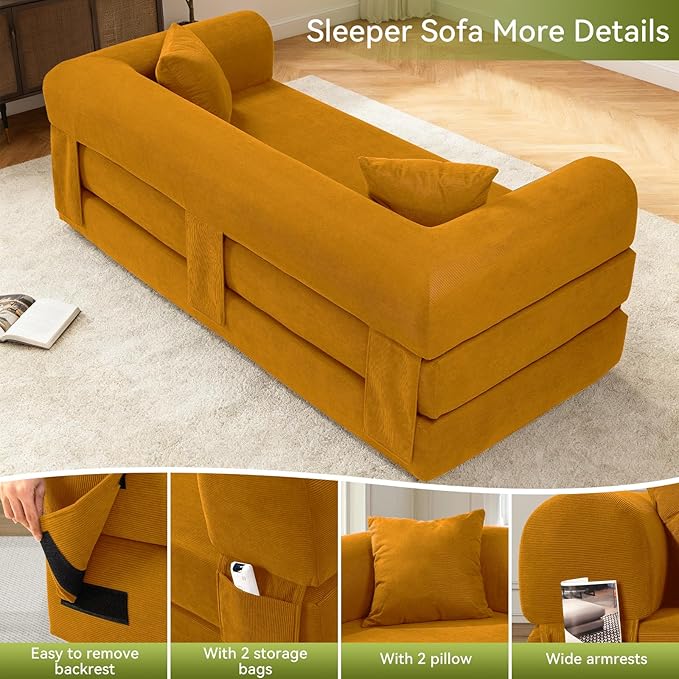80" Convertible Sofa Bed, Corduroy Folding Sleeper Sofa Bed Queen - Image 6