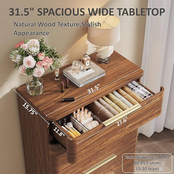 5 Drawer Dresser for Bedroom, Curved Profile Design, Wooden Closet - Image 3