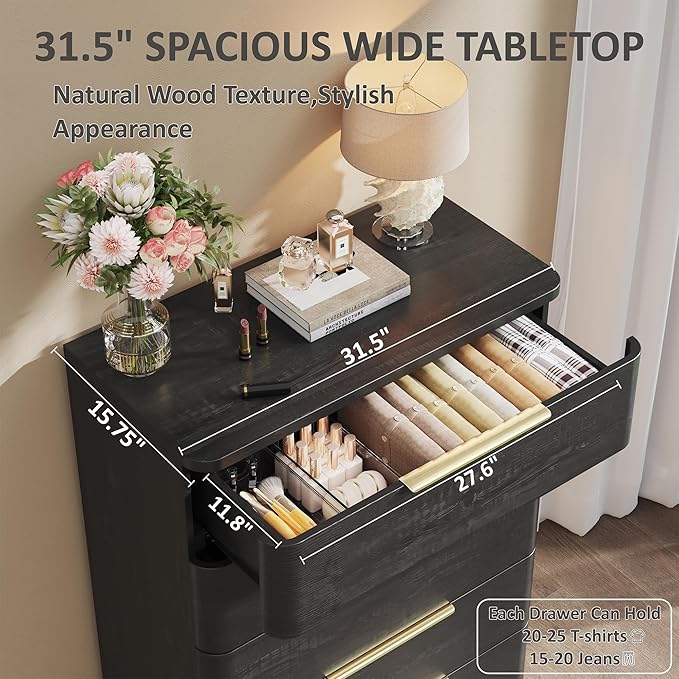 5 Drawer Dresser for Bedroom, Curved Profile Design, Wooden Closet - Image 3