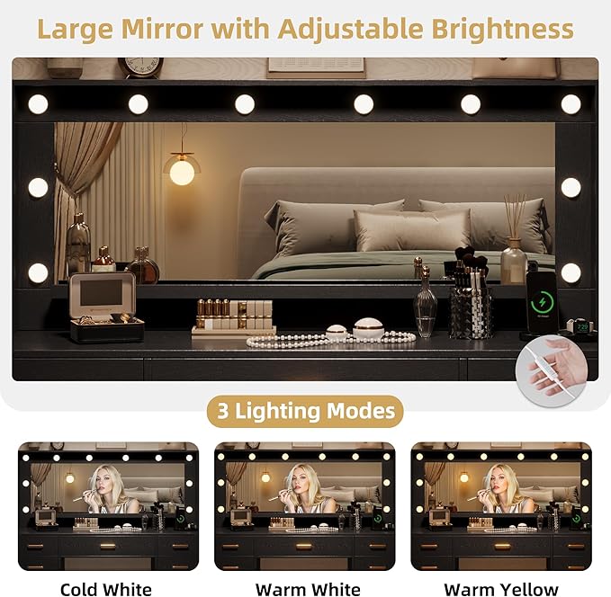 44.8" Large Vanity Desk with Lighted Mirror & Power Outlet, Dressing Table - Image 4