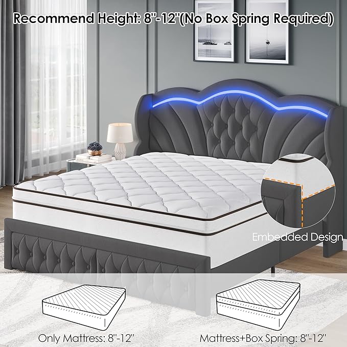 Keyluv Full Bed Frame with LED Lights and 2 Storage Drawers, Velvet Upholstered - Image 7