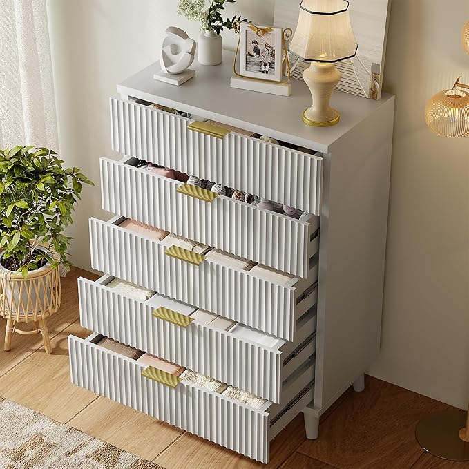 Lulive White Dresser for Bedroom Wood Tall Dressers Drawers, Fluted Modern - Image 3