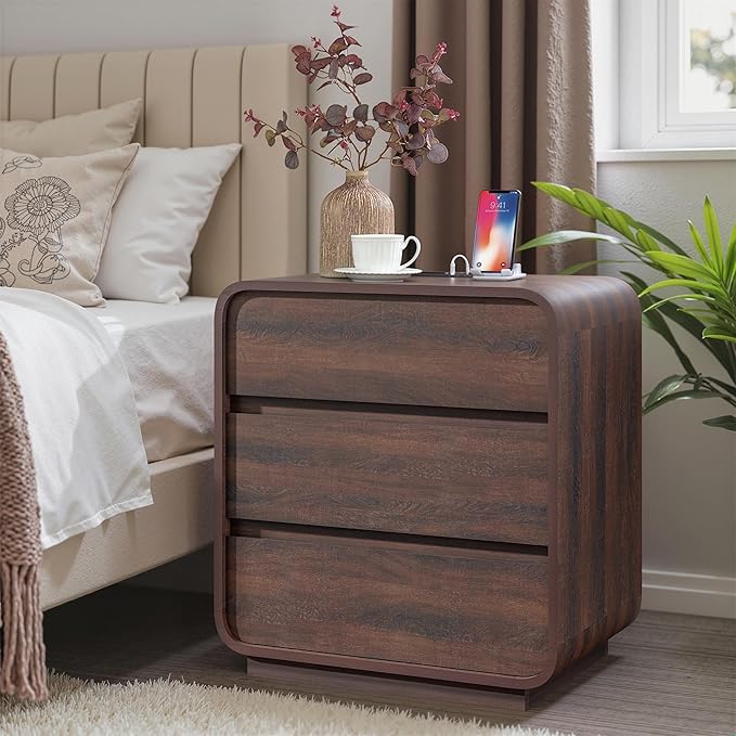Walnut Nightstand with Charging Station, Modern Curved End Table with 3 Drawers - Image 2