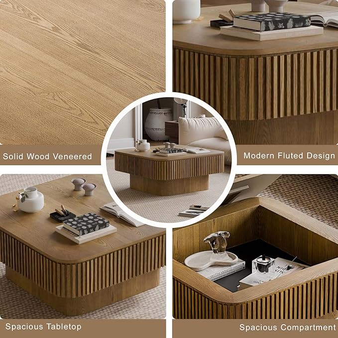 Square Small Coffee Table with Storage, Modern Wooden Coffee Table with Solid - Image 4