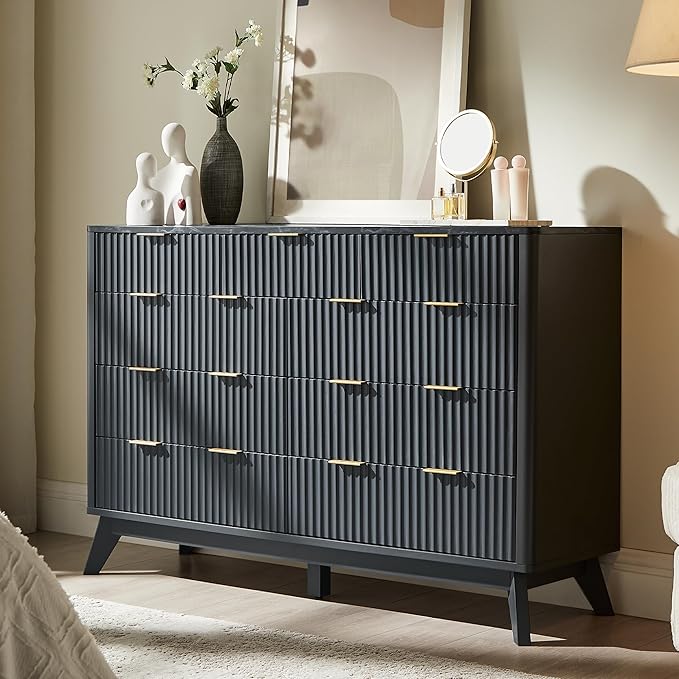 T4TREAM Fluted 9 Drawers Dresser, Curved Profile Design, Dresser TV Stand by T4TREAMFurniture