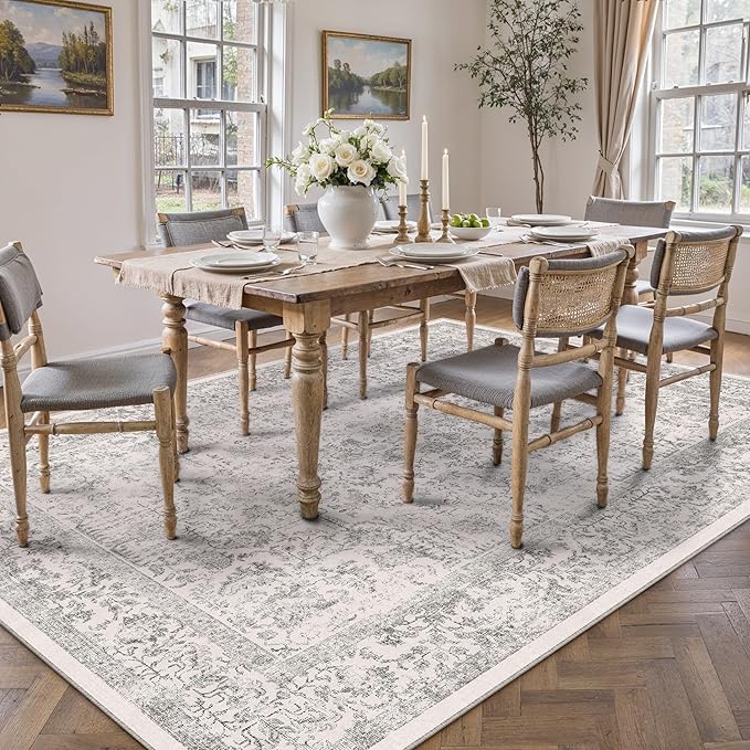 Gray Area Rug 7x10 Machine Washable Vintage Living Room Distressed Non Slip - Image 5