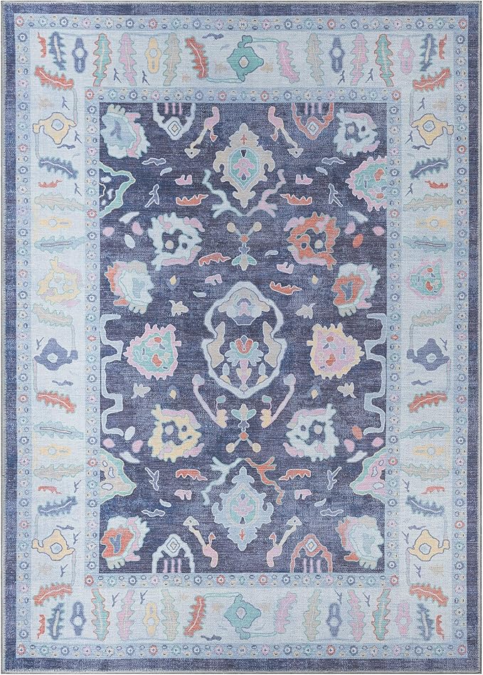 Fame Rugs Navy Blue Modern Oushak Rug 3x5, Washable Vintage Turkish Colorful by FameRugs