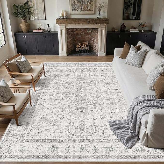 Grey 9x12 Area Rug Vintage Washable Living Room Carpet Non Slip Neutral Bedroom by PureCozy