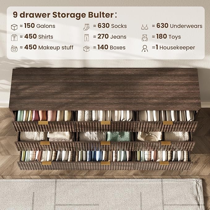 63'' Wide 9 Drawers Dresser for Bedroom, Modern Fluted Vertical Chest - Image 5