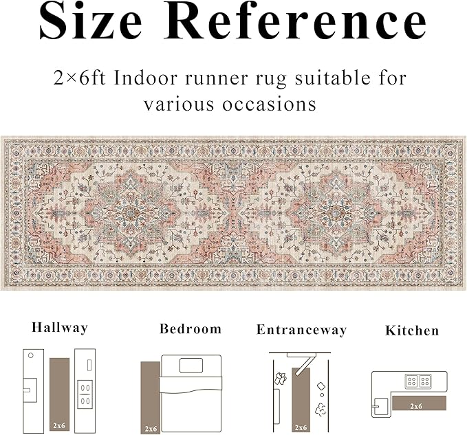 2x6 Vintage Runner Rug Low Pile Runners Non-Slip Machine Washable Rug Retro - Image 8