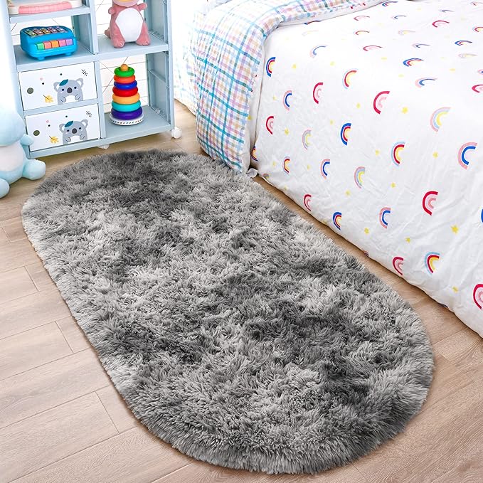 Noahas Oval Fluffy Grey Rainbow Rug 2.6X5.3 Small Kids Rugs by ModernHomeDecor