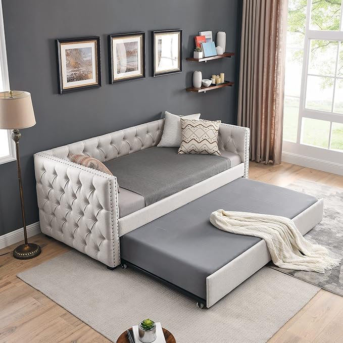 Antetek Daybed with Trundle, Upgraded Linen Upholstered Twin Size Day Bed - Image 3