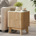 Fluted Nightstand with Faux Marble Top, Modern End Table with Metal Handles by TROJMHome