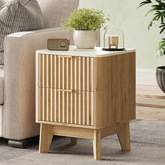 Fluted Nightstand with Faux Marble Top, Modern End Table with Metal Handles by TROJMHome