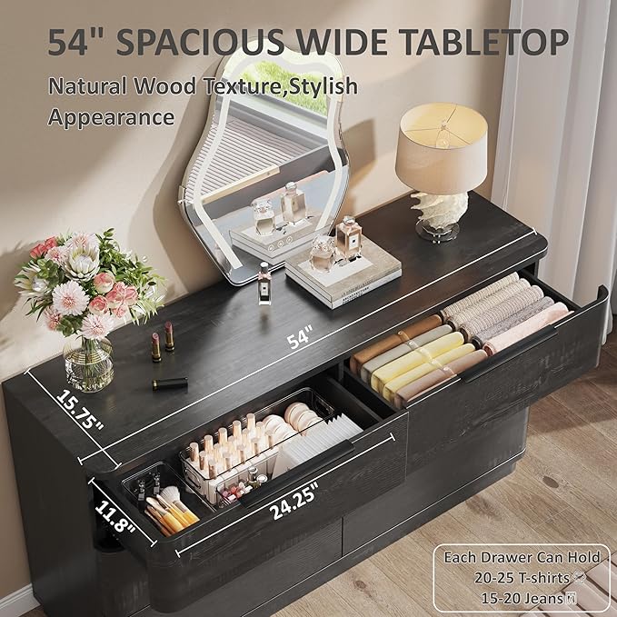 6 Drawer Dresser for Bedroom, Curved Profile Design, Wooden Black Dresser - Image 4
