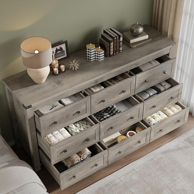 BORNOON 9-Drawer Dresser, Modern Wooden Storage Chest of Drawers, Dresser TV - Image 4