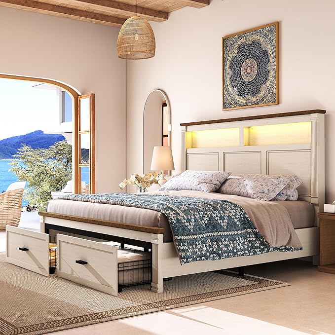 King Size Bed Frame with 53" Tall Headboard, Farmhouse Platform Bed Frame with - Image 9