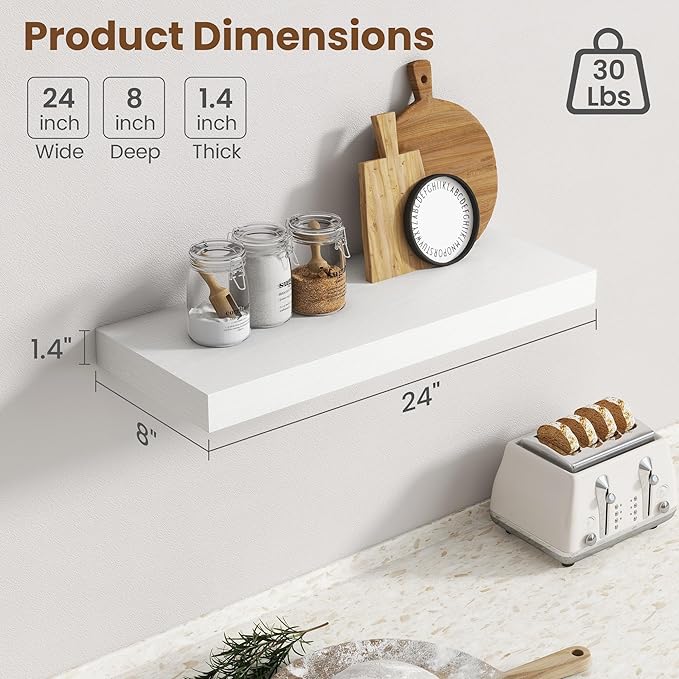 24 Inch Floating Shelves for Wall, 8 Inch Deep Floating Shelf for Storage & - Image 3