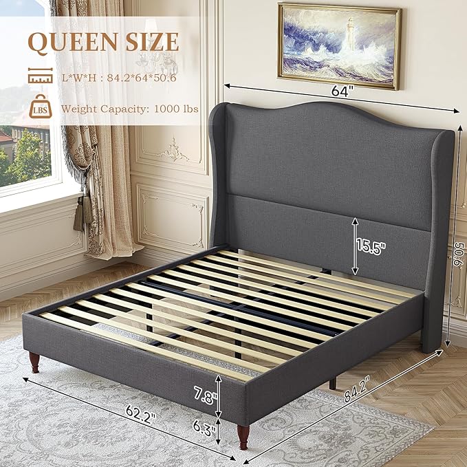 koorlian Queen Upholstered Bed, Soft Chenille Sleigh Platform Bed Frame - Image 2