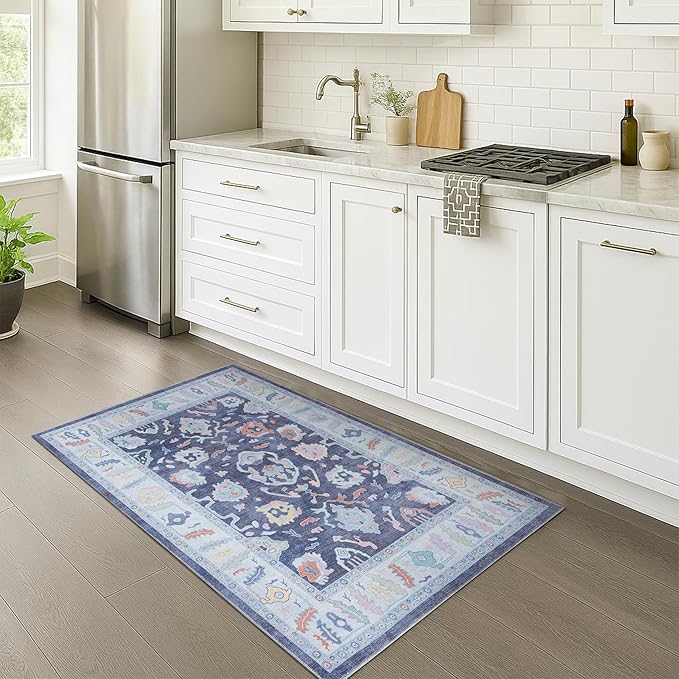 Fame Rugs Navy Blue Modern Oushak Rug 2x3, Vintage Doormat Turkish Colorful by FameRugs