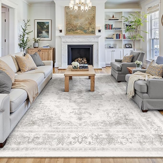 Washable Rug 8x10 Area Rug for Living Room Light Gray Vintage Boho Medallion - Image 5