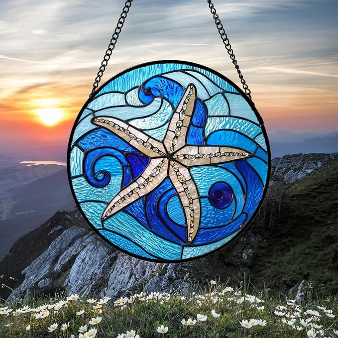 DASTOLL Stained Glass Window Hanging 4 Pcs Set Blue Ocean Waves 6.3" - Image 3