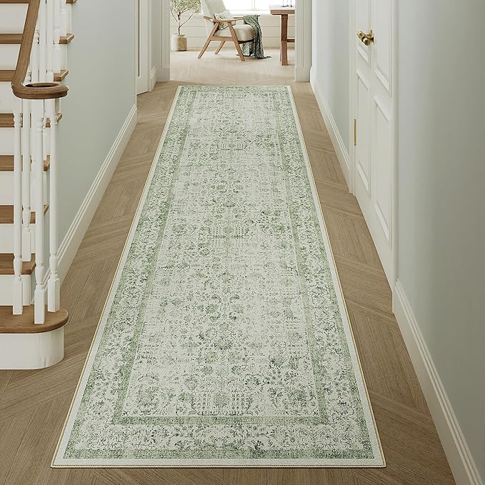 Runner Rug 2x8 Sage Green Hallway Washable Vintage Distressed Kitchen Carpet - Image 5