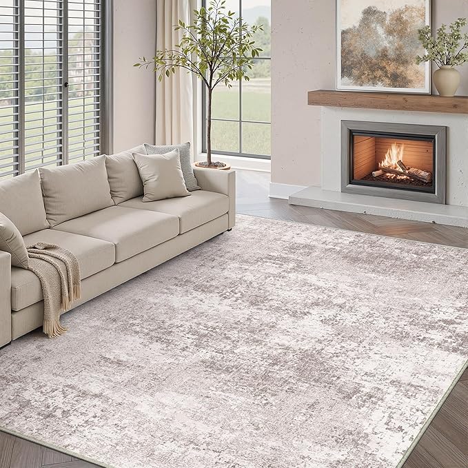 Washable Beige Area Rug 5x7 Modern Abstract Living Room Carpet Neutral Soft - Image 5