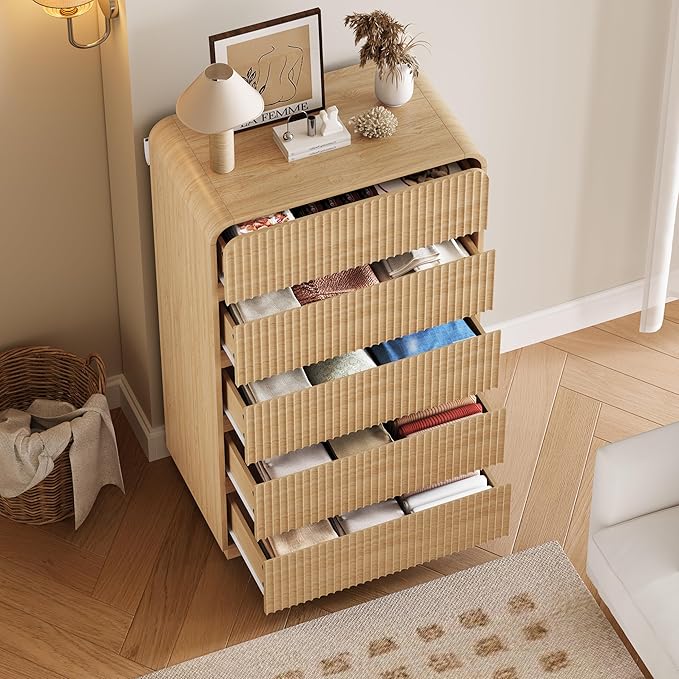 Tall Dresser for Bedroom with 5 Drawers, Fluted Chest of Drawers with Round - Image 3