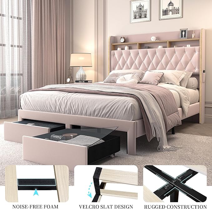Full LED Bed Frame with Storage Drawers, Velvet Upholstered Platform Beds with - Image 6