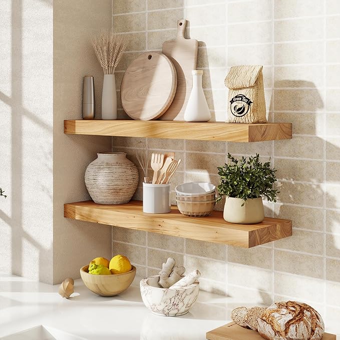 fuqing Floating Shelves for Wall, 24 inch Rustic Solid Elm Wood Floating Shelves - Image 2