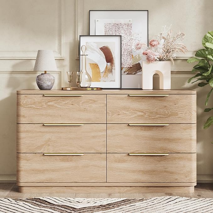 6 Drawer Dresser for Bedroom, Curved Profile Design, Wooden Oak Dresser Closet - Image 6