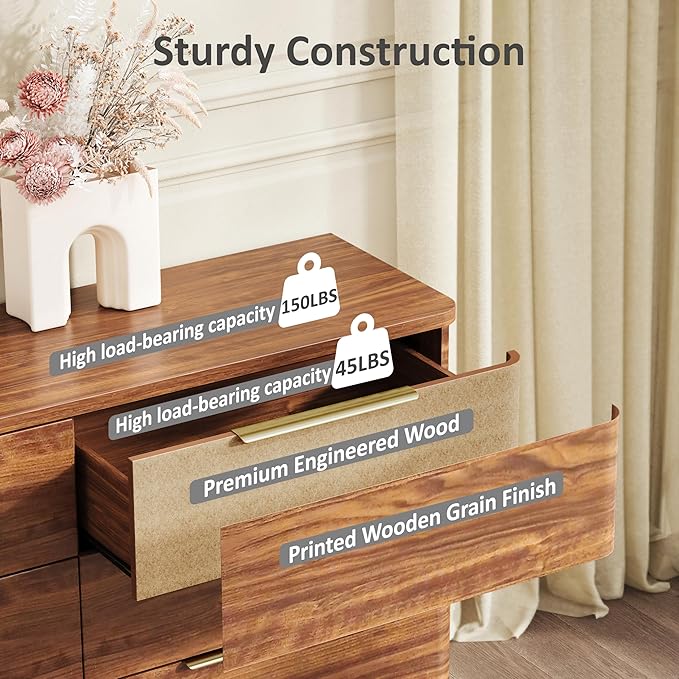 6 Drawer Dresser for Bedroom, Curved Profile Design, Wooden Walnut Dresser - Image 8