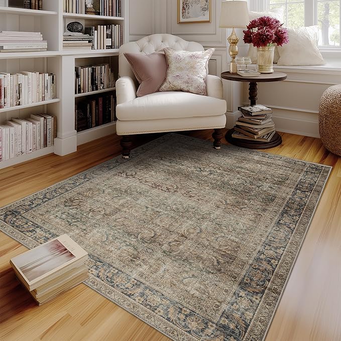 FMFUNCTEX 4x6 Washable Area Rug Neutral Vintage Brown Distressed Non Slip Low by Fmfunctex