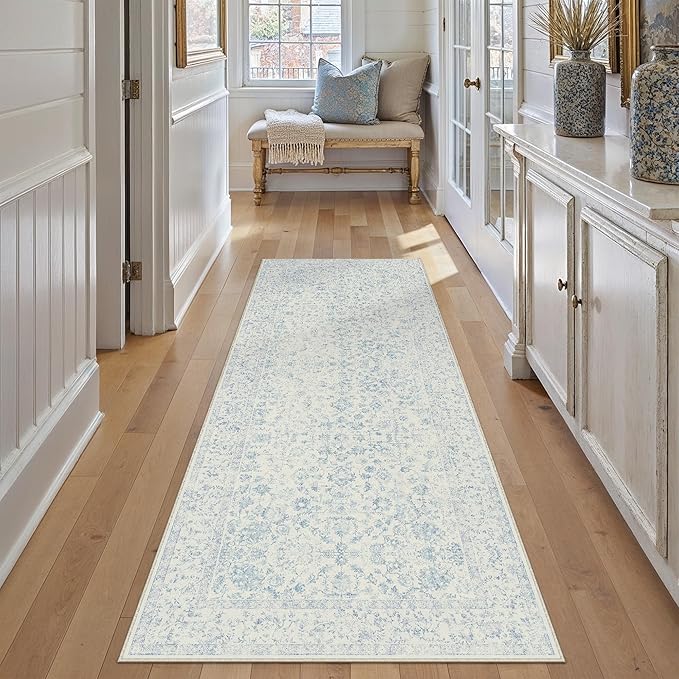 3x8 Blue Runner Rug Hallway Non Slip Kitchen Vintage Distressed Long Carpet - Image 3