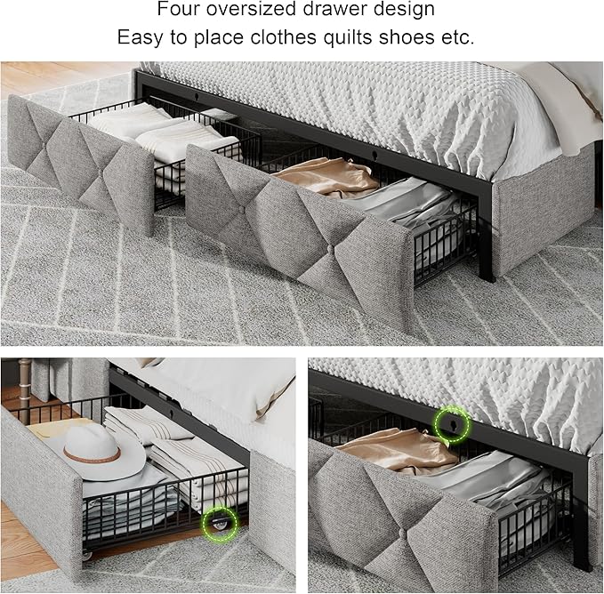 Feonase Full Bed Frame with 4 Storage Drawers, Upholstered Button Tufted - Image 3