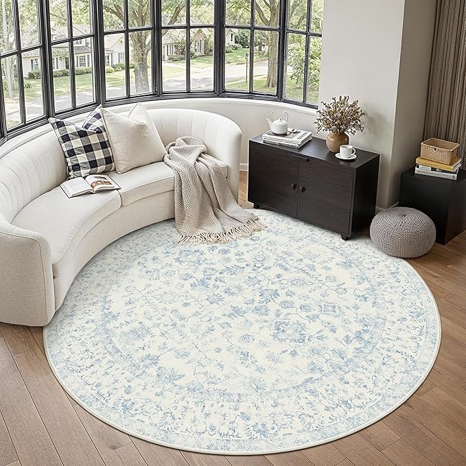 6ft Blue Round Area Rug Entryway Door Mat Circle 6x6 Kitchen Vintage Carpet Non by PureCozy