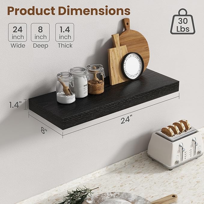 24 Inch Floating Shelves for Wall, 8 Inch Deep Floating Shelf for Storage & - Image 3