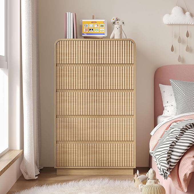 Tall Dresser for Bedroom with 5 Drawers, Fluted Chest of Drawers with Round - Image 7