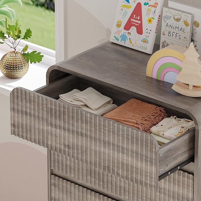 Tall Dresser for Bedroom with 5 Drawers, Fluted Chest of Drawers with Round - Image 5