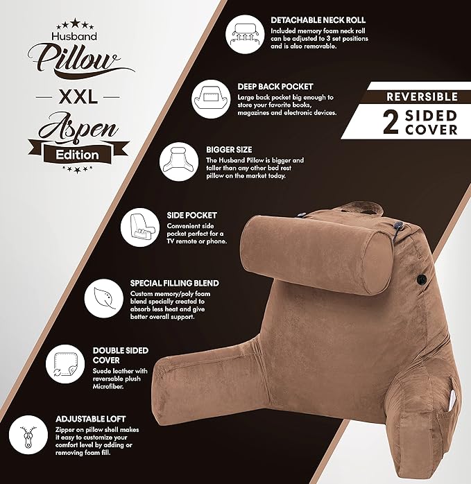 Husband Pillow XXL Aspen Edition, Adult Reading Sit Up Bed Rest Pillow - Image 5