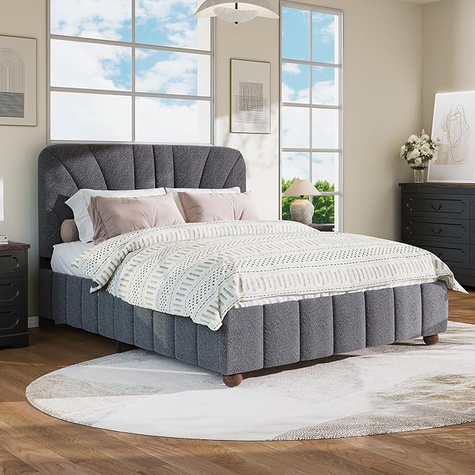 Queen Size Boucle Bed Frame Upholstered Bed Frame Queen - Image 6